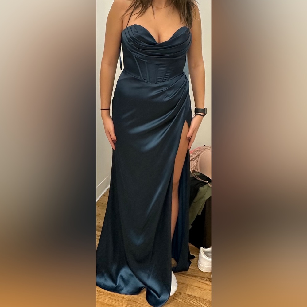 Adora Design corset top navy blue dress with slit!